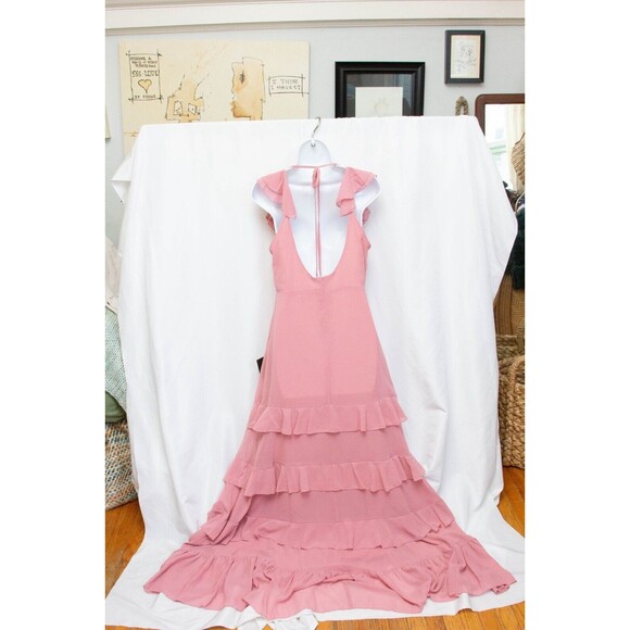 NWT Lulus Pastel Pink Chiffon Tiered Layered Romantic V Neck Maxi Dress Gown M - Picture 2 of 5